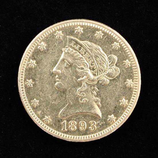 A United States 1893 ten dollar Liberty gold coin,